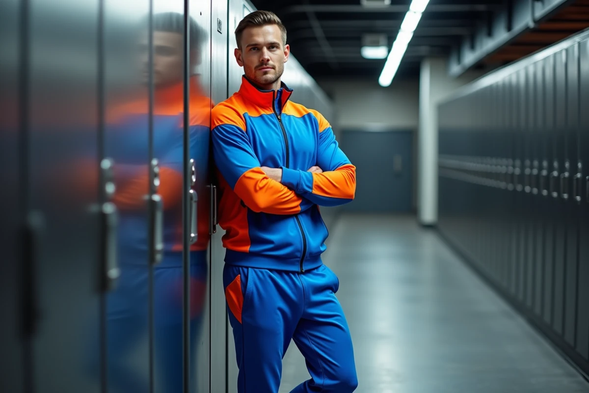 Homme en survêtement flashy bleu et orange dans un vestiaire moderne, mode sportswear homme 2026
