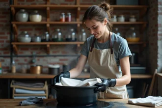 Femme teignant un t-shirt en coton en noir dans un atelier artisanal avec teinture textile noire et gants de protection
