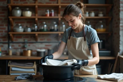 Femme teignant un t-shirt en coton en noir dans un atelier artisanal avec teinture textile noire et gants de protection