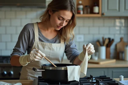 Femme appliquant une teinture noire sur du tissu polyester clair dans une casserole sur une cuisinière, processus de teinture maison