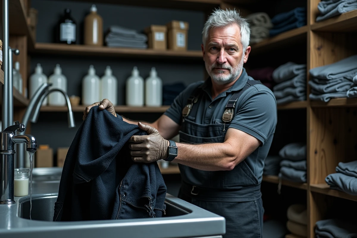 Homme essorant une veste en jean nouvellement teinte en noir au-dessus d'un évier utilitaire, avec excès de teinture noire s'écoulant