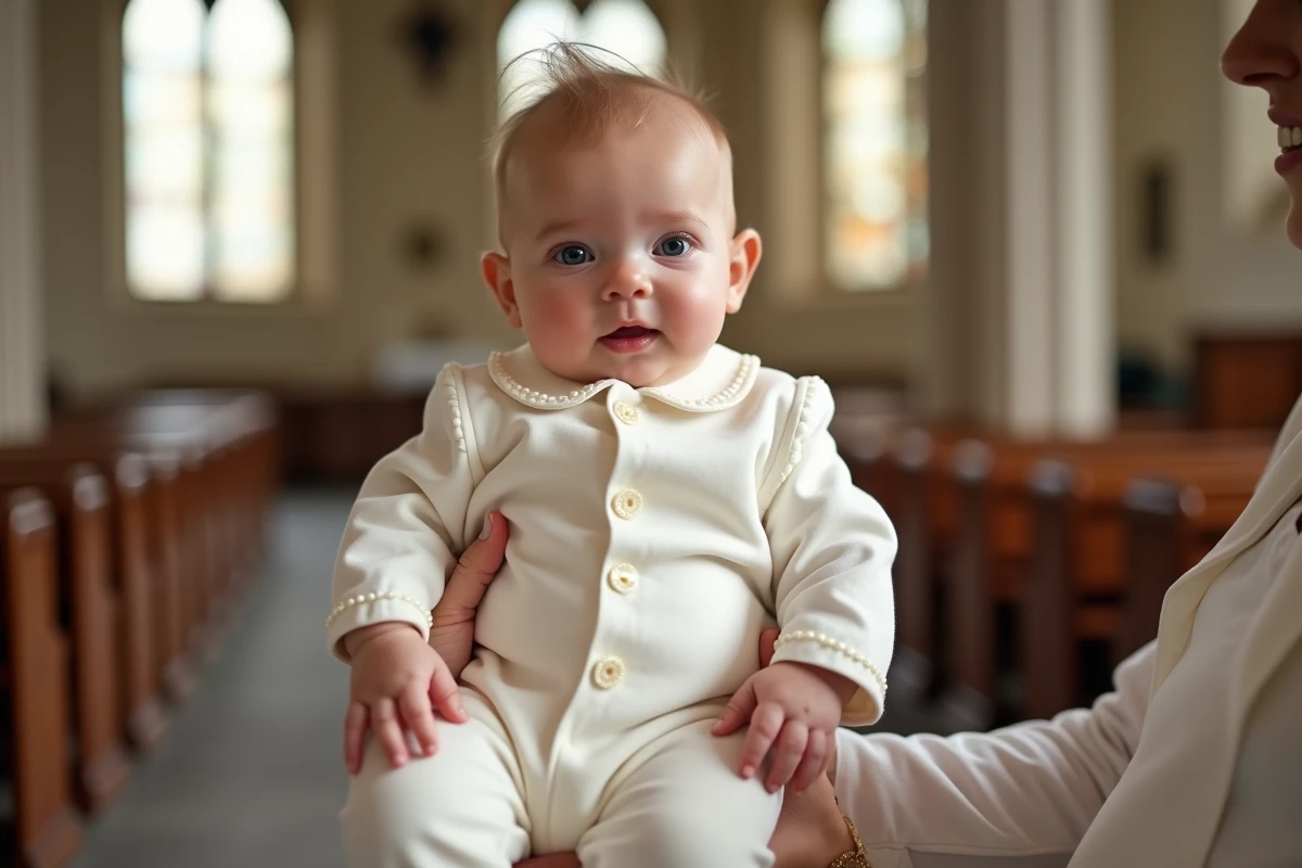 Bébé garçon en tenue de baptême ivoire avec col claudine tenu délicatement dans une église