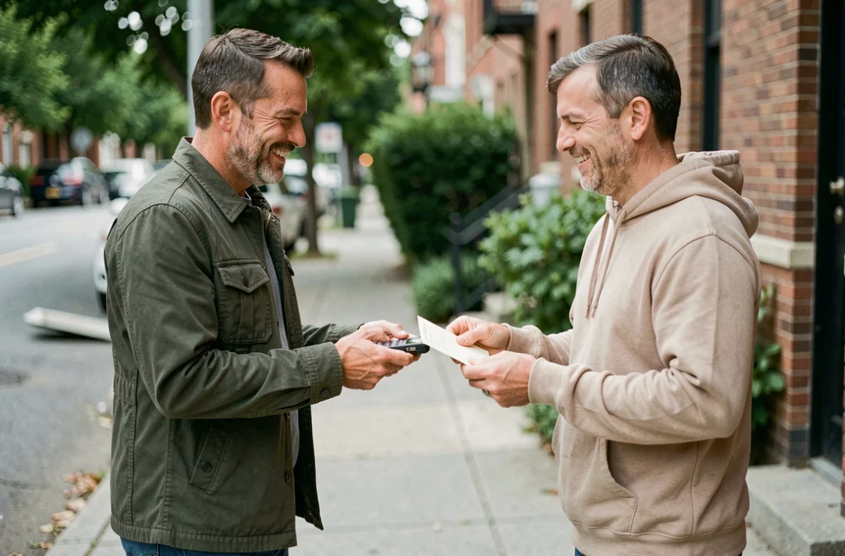 Transaction en personne entre un acheteur et un vendeur de confiance lors d'un échange local de produit d'occasion