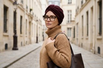 Femme portant un turban bordeaux en laine, des lunettes écaille et un col roulé camel dans une rue pavée parisienne en hiver