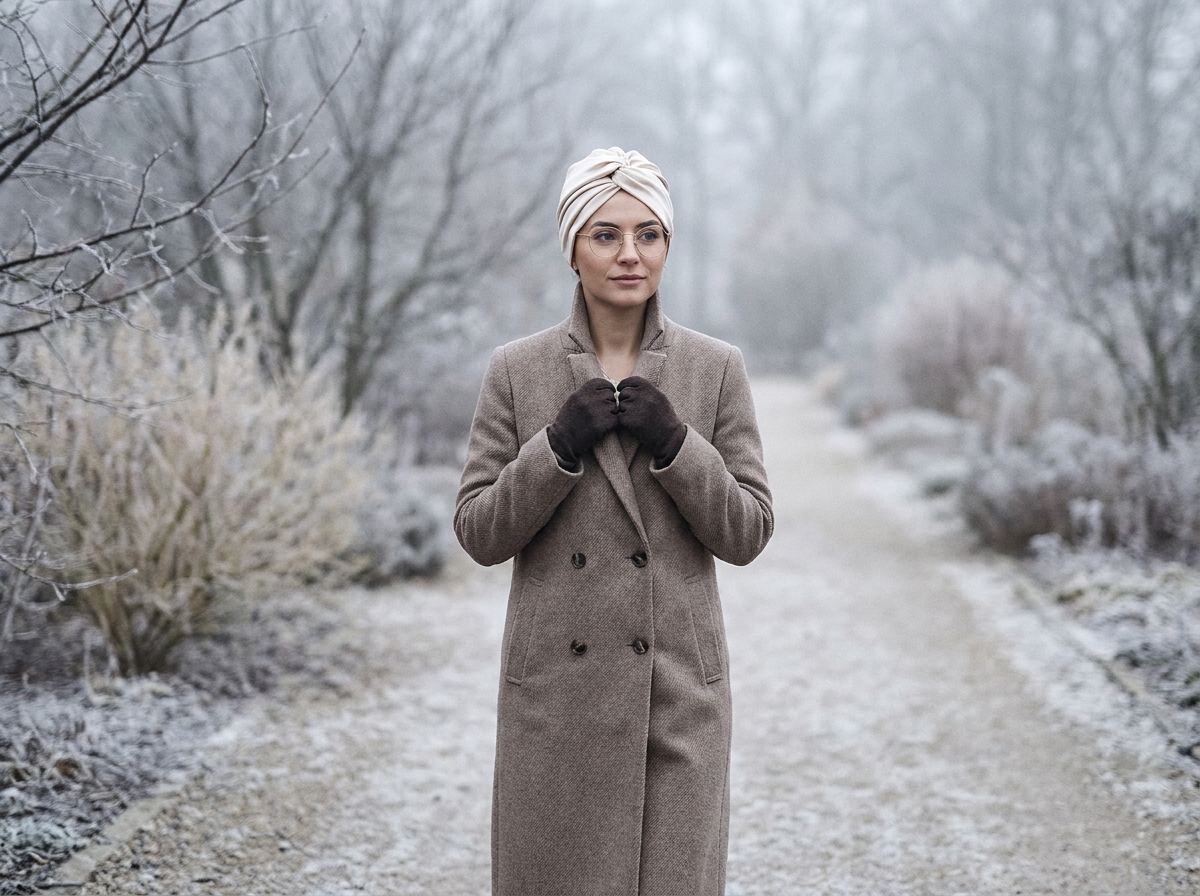 Femme élégante en turban en soie crème, lunettes rondes dorées et manteau taupe dans un jardin botanique givré en hiver