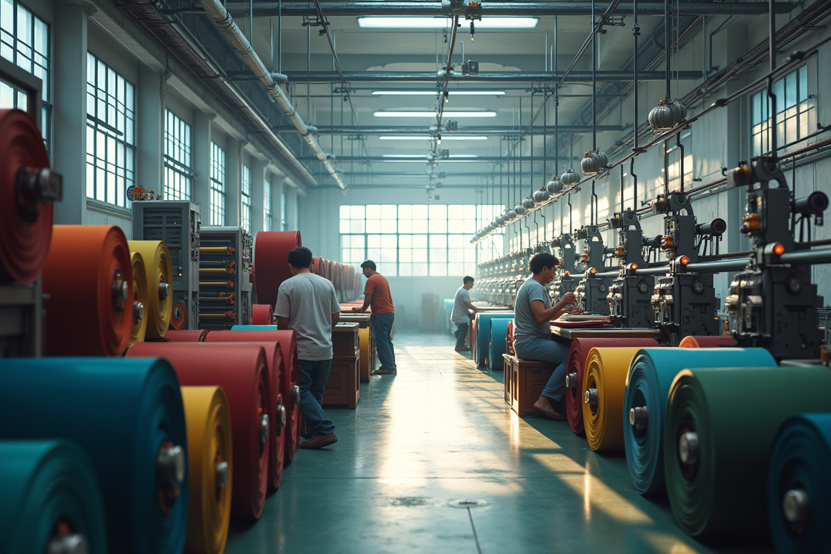 Intérieur d usine textile avec machines et rouleaux de tissu
