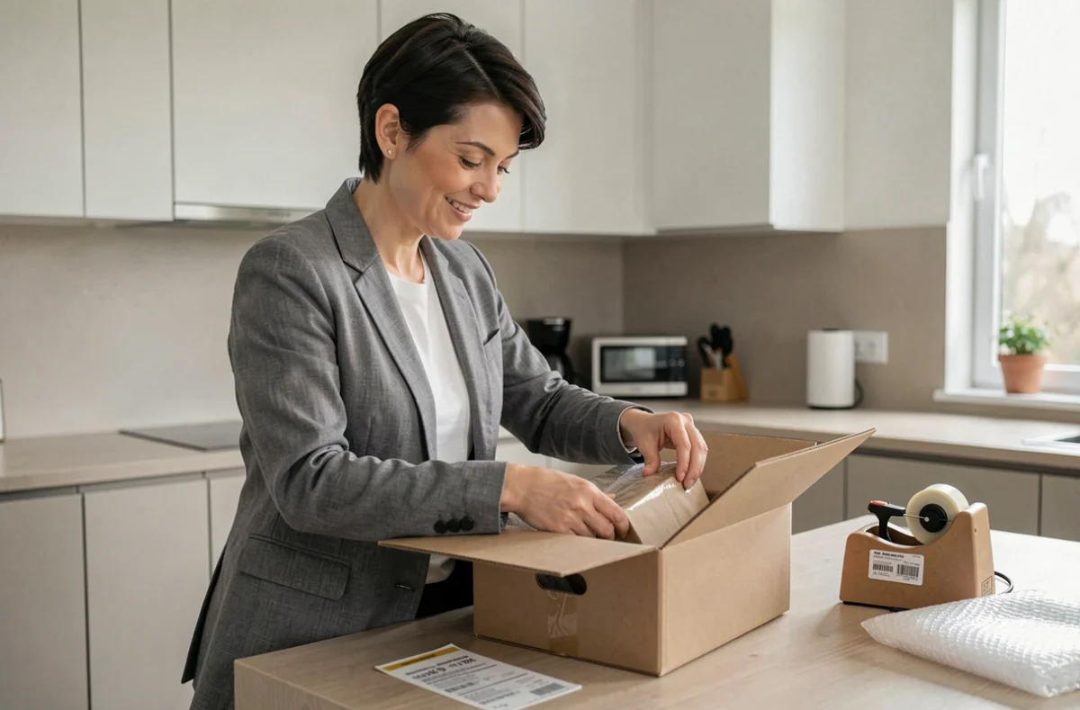 Femme vendeuse sérieuse emballant soigneusement un article pour un acheteur sur une plateforme de vente en ligne