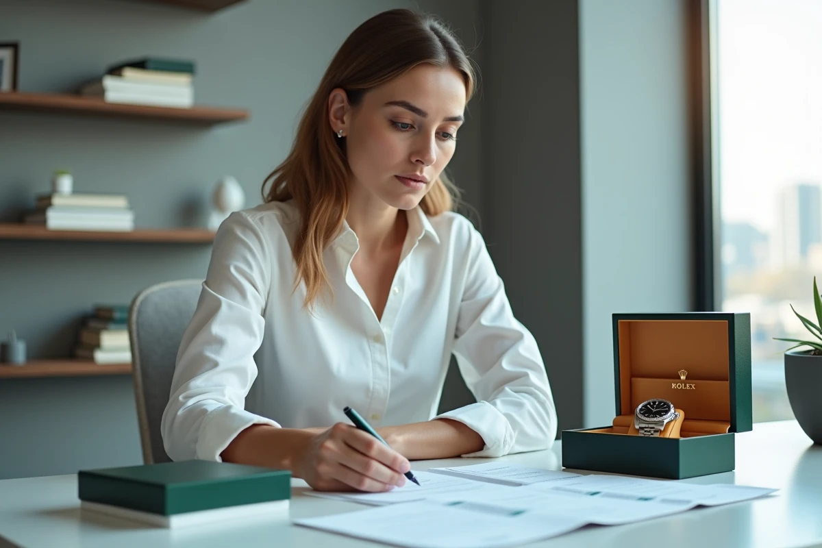Femme vérifiant les documents d'authenticité et la boîte d'une Rolex avant un achat sécurisé