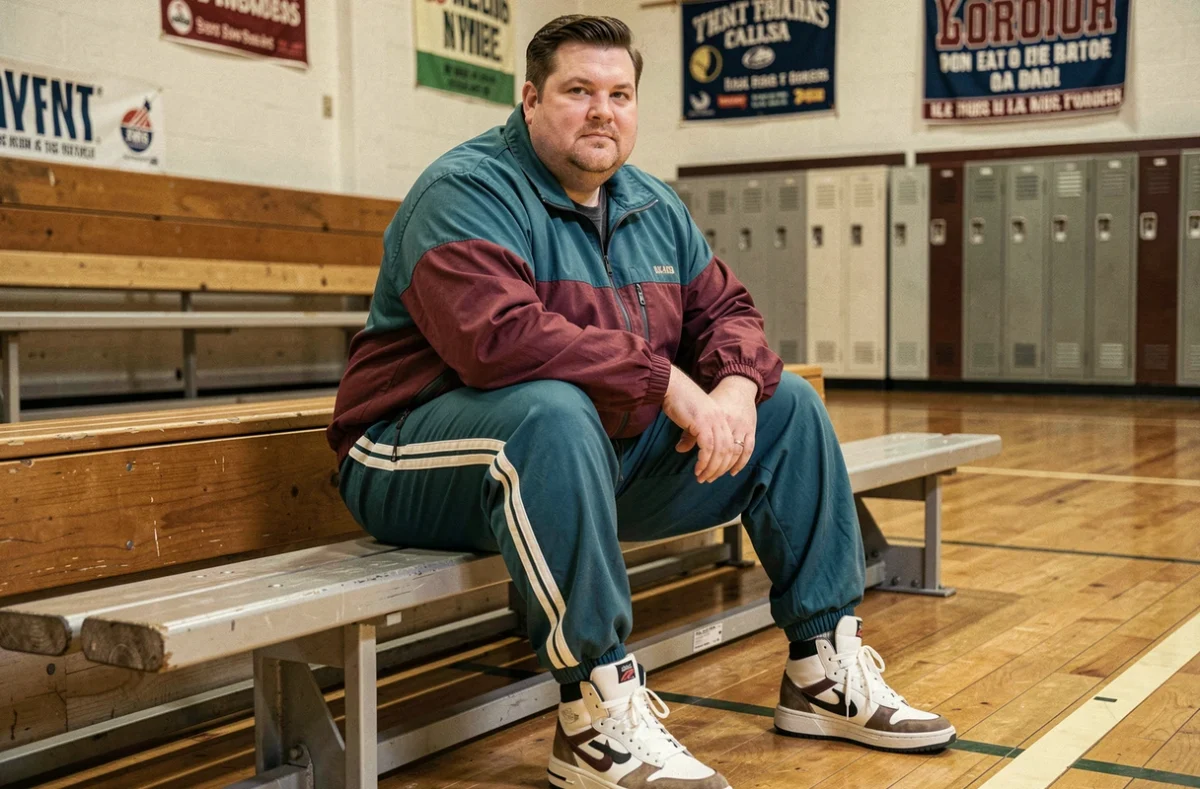 Homme grande taille en survêtement années 80 color block dans un gymnase vintage avec baskets montantes