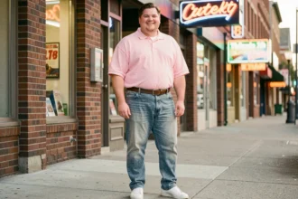 Homme grande taille en tenue années 80 avec polo pastel col relevé et jean acid-wash sur fond urbain rétro