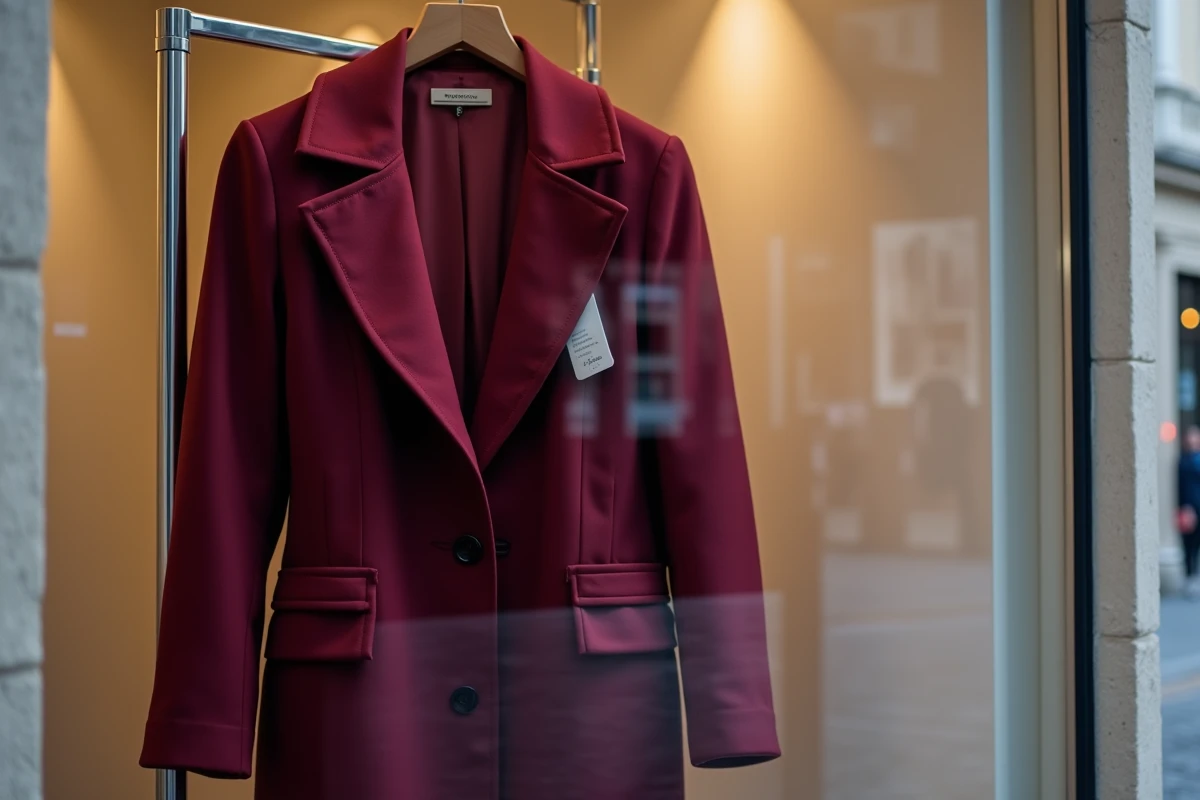 Manteau de couture en laine bordeaux exposé dans la vitrine d'une boutique de couture à Nice