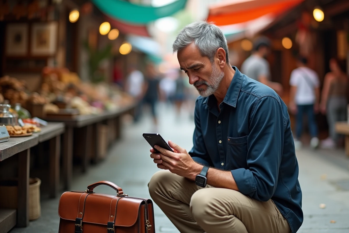 Voyageur comparant un sac en cuir avec une référence sur smartphone dans un marché de rue en Asie pour détecter une contrefaçon